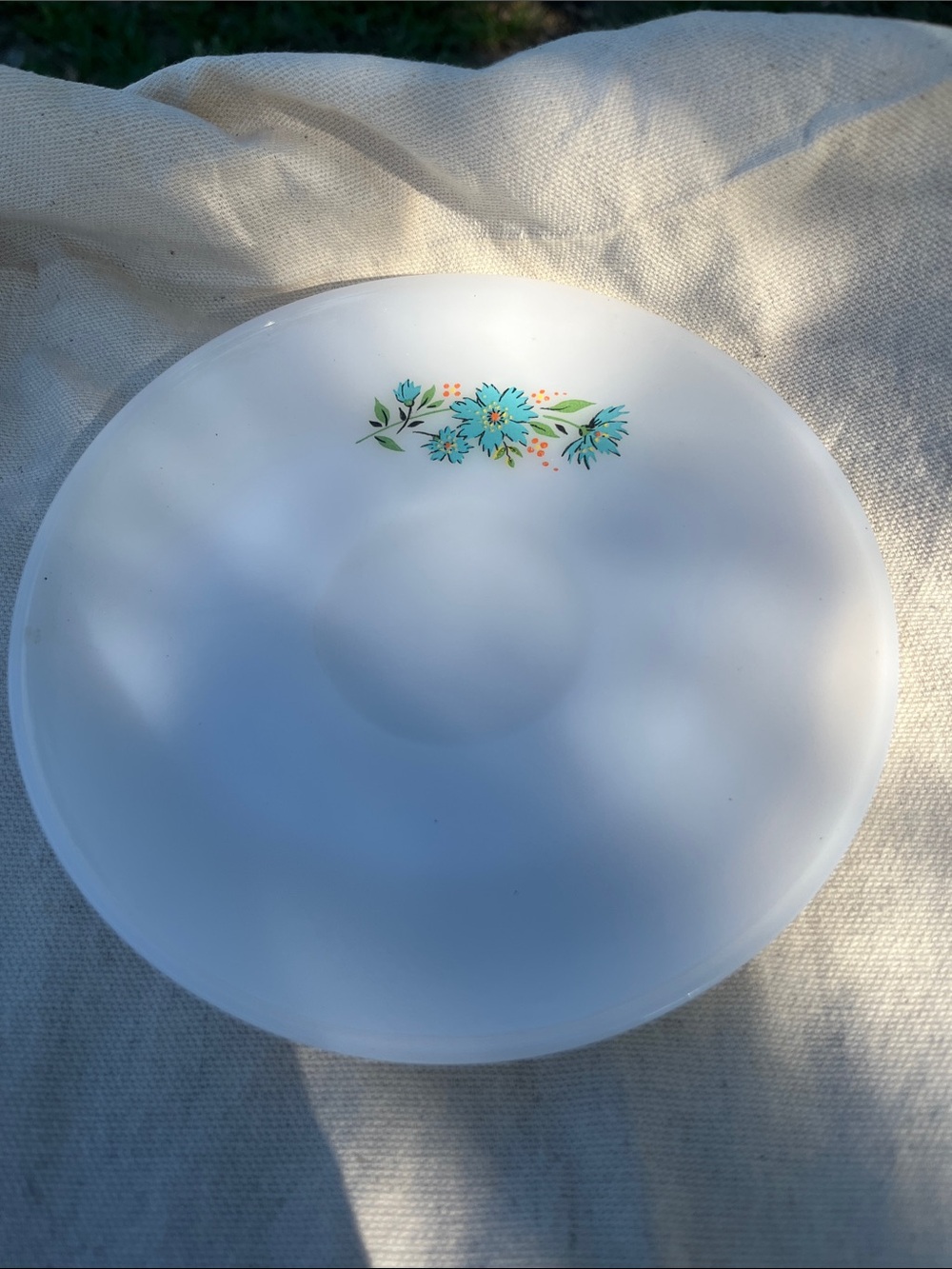 White FireKing Glass Saucer with Turquoise Flowers